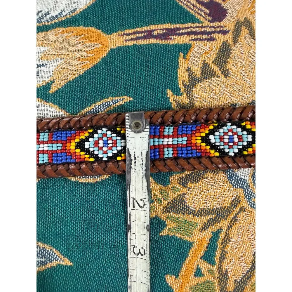 Vintage 90s Aztec southwestern beaded leather belt intricate silver buckle 30